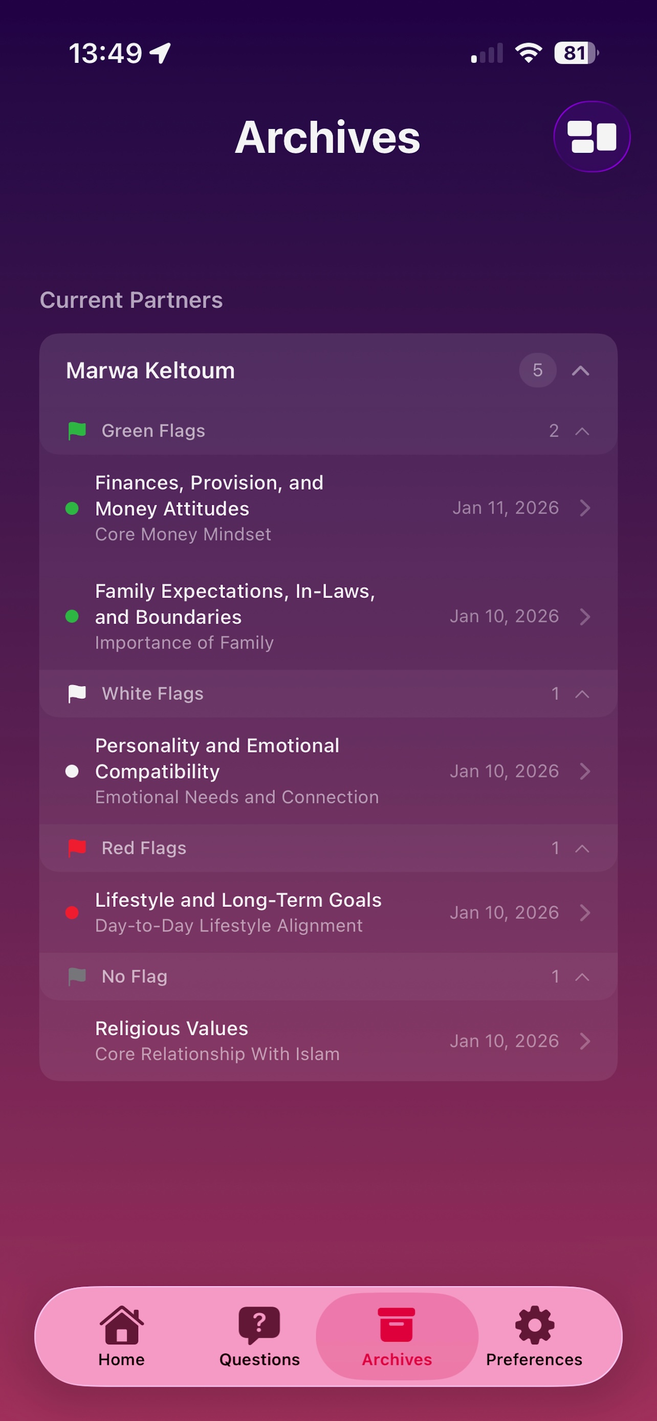 Courtship screen — structured questions across key life areas