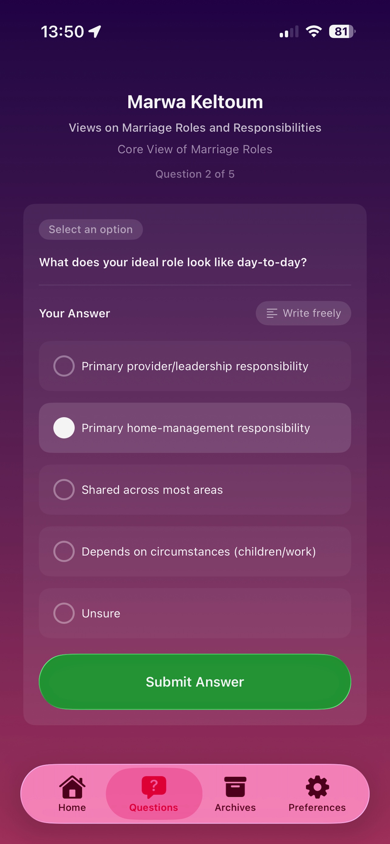 Courtship screen — side-by-side answer comparison
